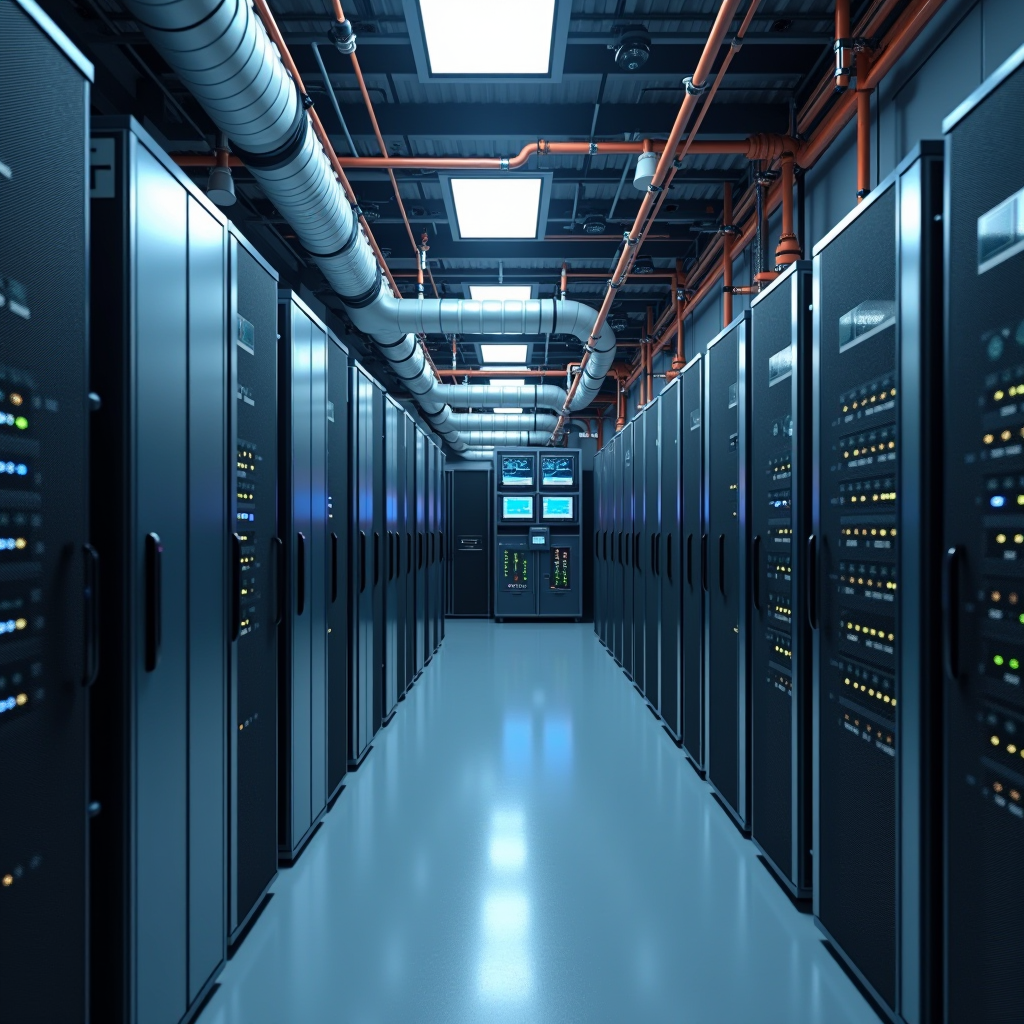 Sistema de refrigeração de data center moderno com unidades CRAC e tubulações de água gelada, mostrando infraestrutura complexa de controle térmico em ambiente de servidor empresarial com racks de servidores ao fundo e monitores de temperatura digital