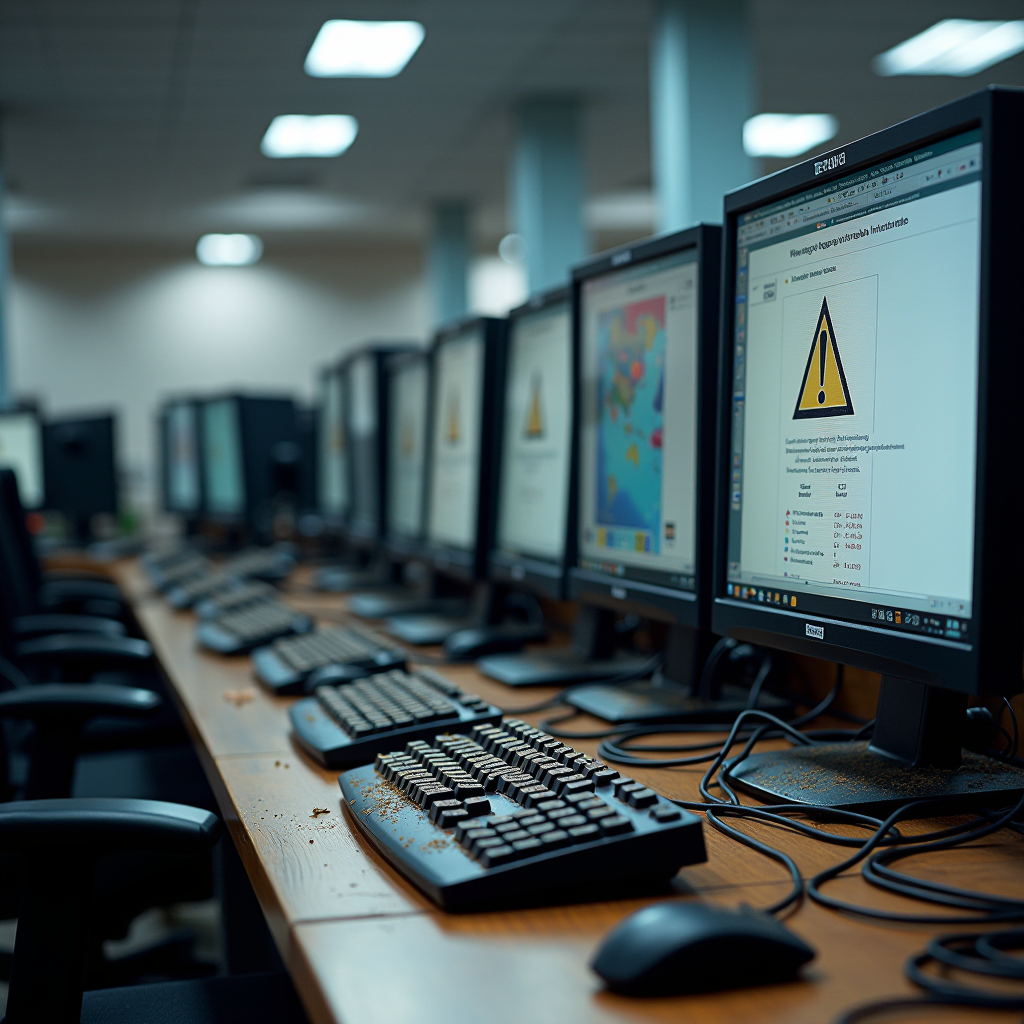 Espaço de trabalho de escritório com múltiplos computadores desktop mostrando sinais de negligência, teclados empoeirados, cabos desorganizados e ícones de aviso de manutenção nas telas, fotografia profissional, iluminação realista