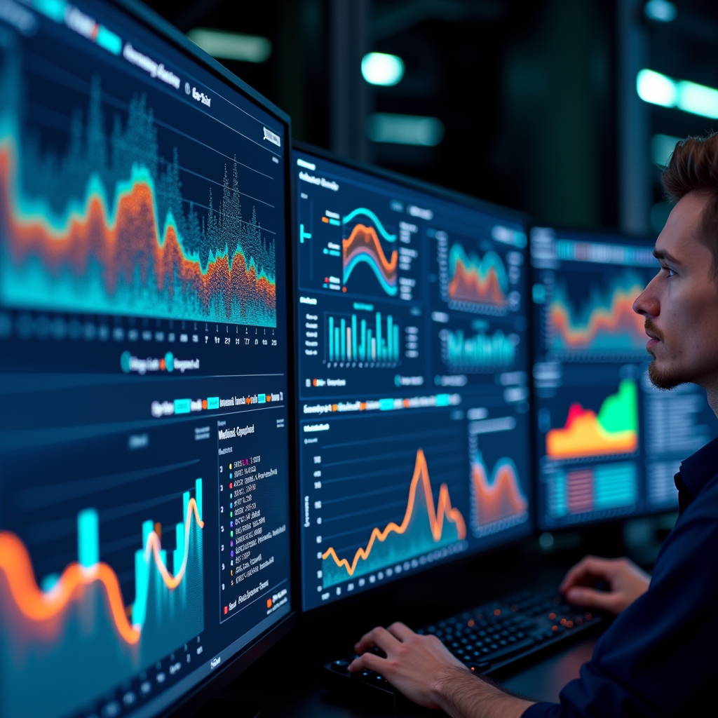 Advanced artificial intelligence dashboard showing predictive analytics for hard drive failure detection with colorful data visualization graphs, neural network patterns, and real-time monitoring displays on multiple screens in a modern data center environment