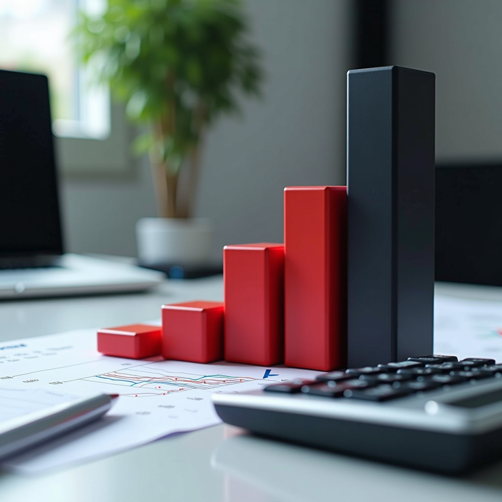 Gráfico financeiro mostrando o crescimento dos orçamentos corporativos para manutenção de hardware de computadores, com barras ascendentes em vermelho e preto representando investimentos crescentes ao longo dos anos, documentos financeiros e calculadoras sobre uma mesa de escritório moderna