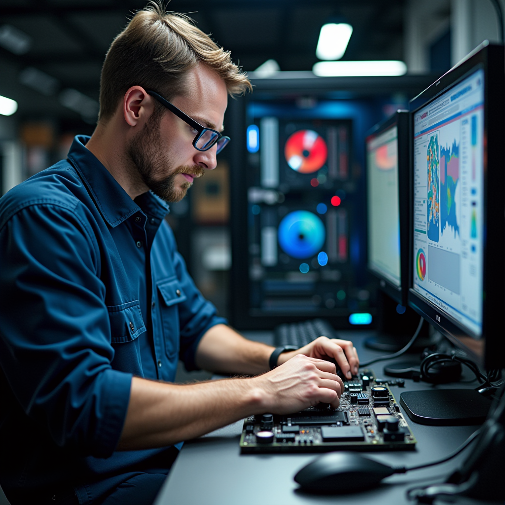Técnico profissional de reparação de computadores a trabalhar em diagnósticos de placa-mãe num centro de serviços moderno com ferramentas especializadas e equipamento de teste