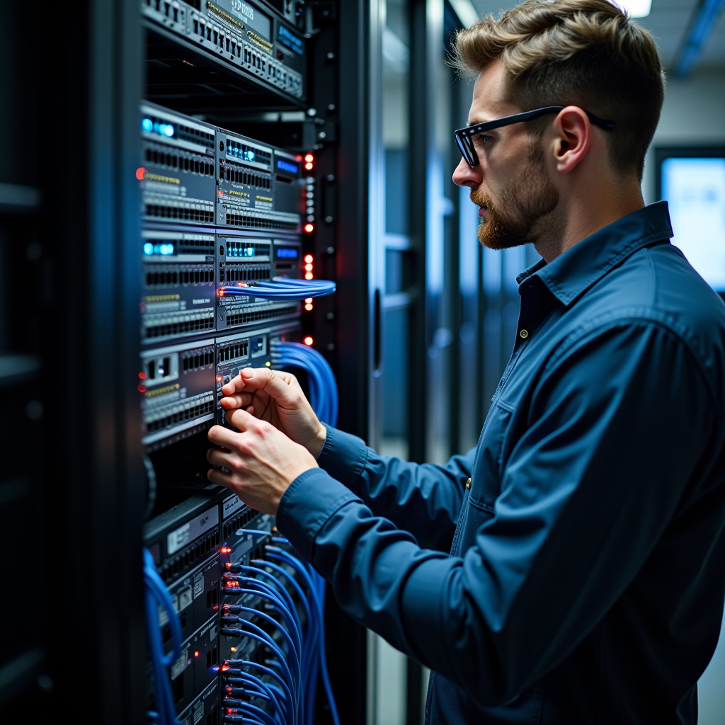 Técnico profissional a configurar equipamento de rede empresarial, incluindo routers, switches e cabos estruturados num rack de servidor moderno com luzes LED indicadoras, ambiente de data center com iluminação profissional