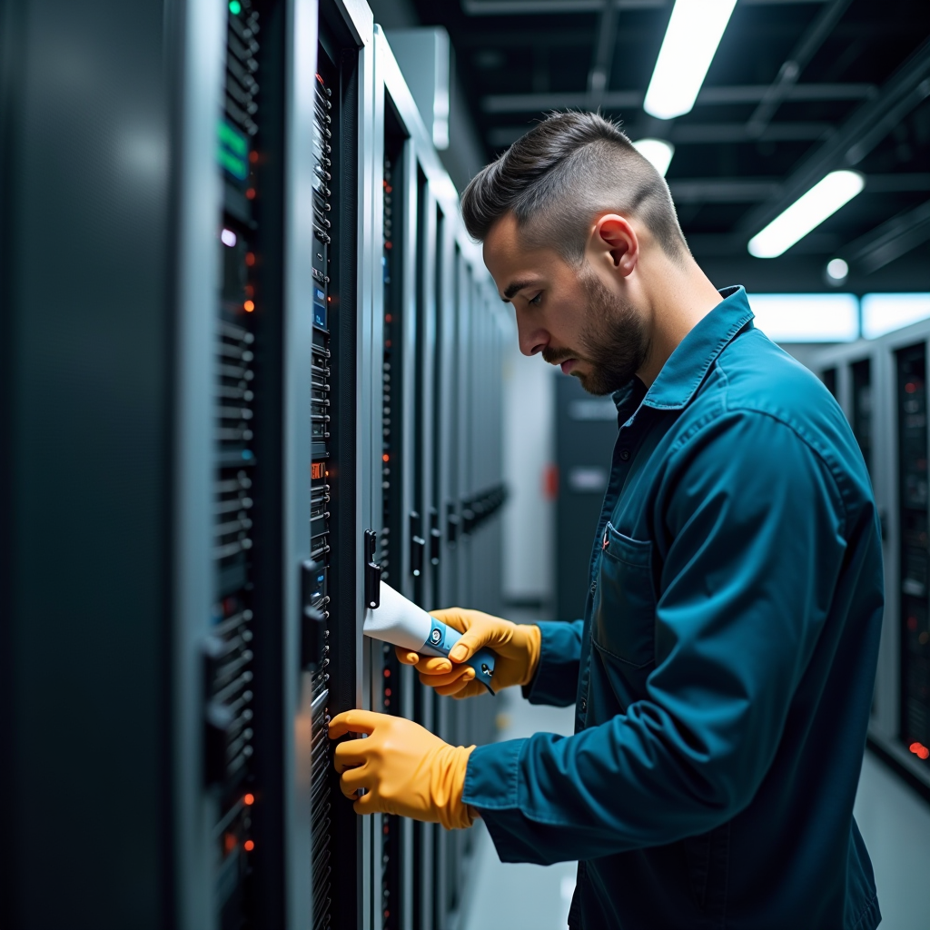 Técnico profissional realizando manutenção preventiva em sistema de computador com ferramentas de diagnóstico e equipamento de limpeza em centro de serviço moderno
