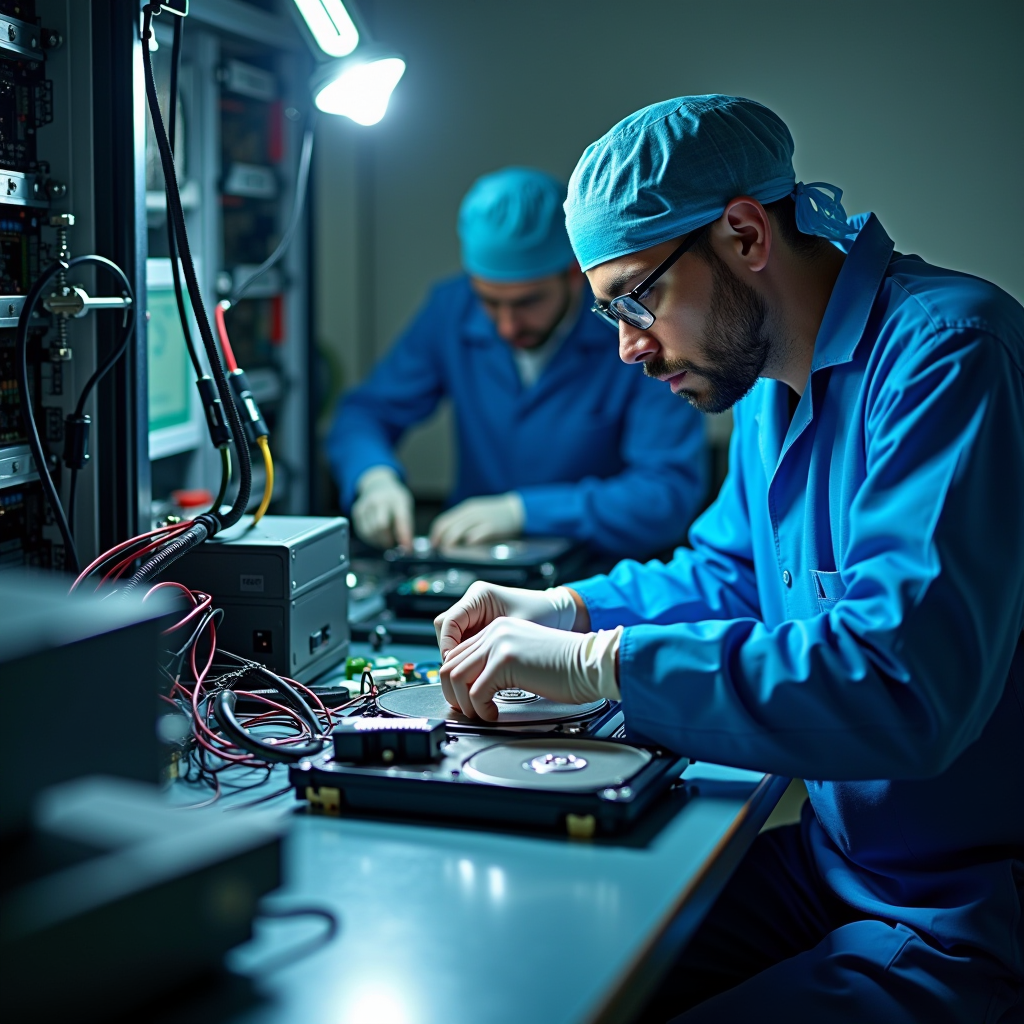 Laboratório profissional de recuperação de dados com técnicos especializados trabalhando em discos rígidos danificados usando equipamentos de última geração, ambiente limpo e controlado com ferramentas de diagnóstico avançadas