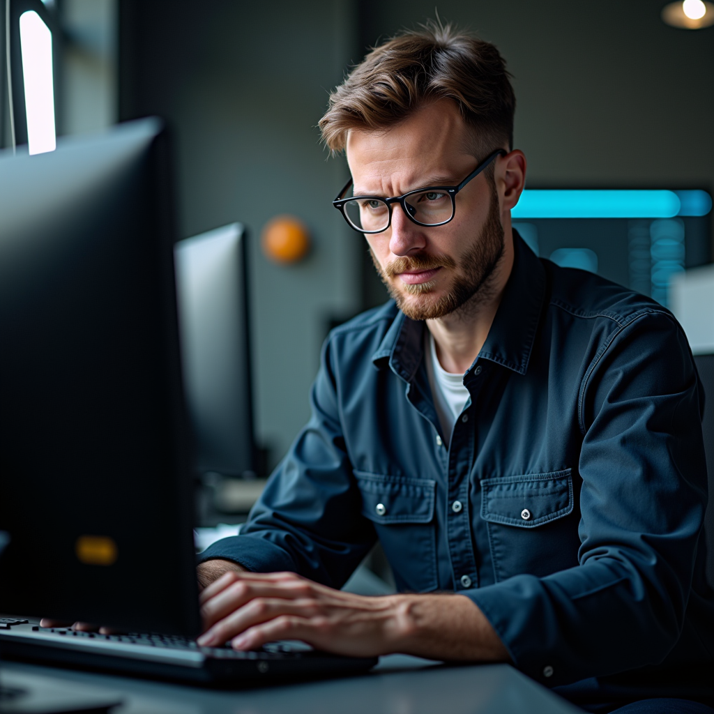 Técnico especializado em manutenção de computadores trabalhando diretamente no escritório do cliente, configurando equipamentos e resolvendo problemas técnicos com ferramentas profissionais