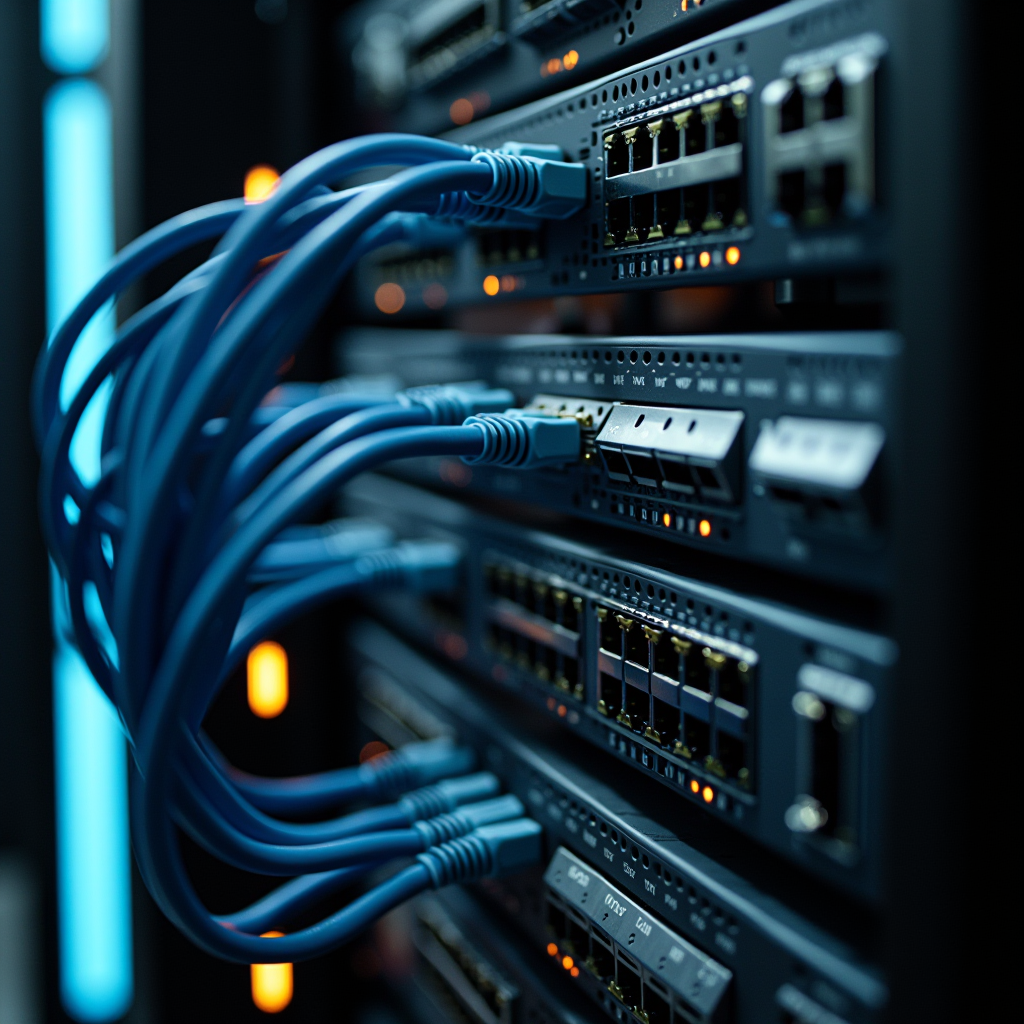 Infraestrutura de rede empresarial moderna com switches, routers e cabos organizados em rack de servidor profissional
