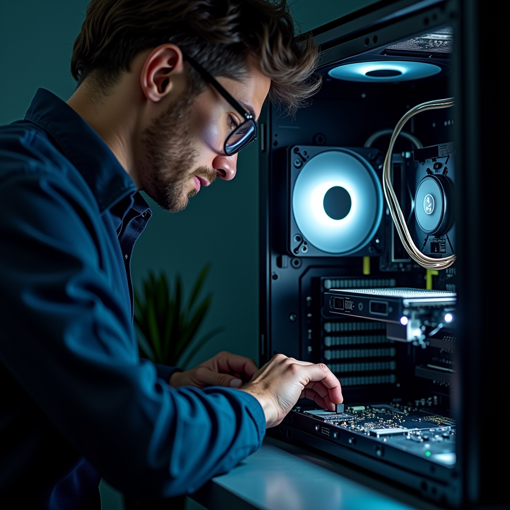 Técnico realizando manutenção preventiva em computador, limpando componentes internos e aplicando pasta térmica no processador